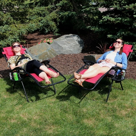 Red Lounge - Sunnydaze Red Outdoor Zero Gravity Lounge Chair with Pillow and Cup Holder, Set of Two