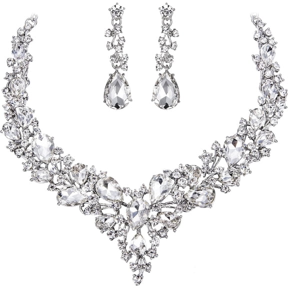Women'S Wedding Bridal Austrian Crystal Teardrop Cluster Statement Necklace Dangle Earrings Jewelry Set[Z213]