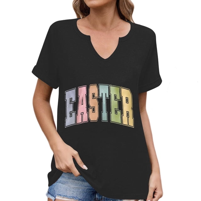 Corto para las Mujeres Casual Verano 2025 Pascua Impresión V-Cuello Camiseta, Ligero 95% Poliéster 5% Spandex Top para Toda la Temporada Hogar Y Diario