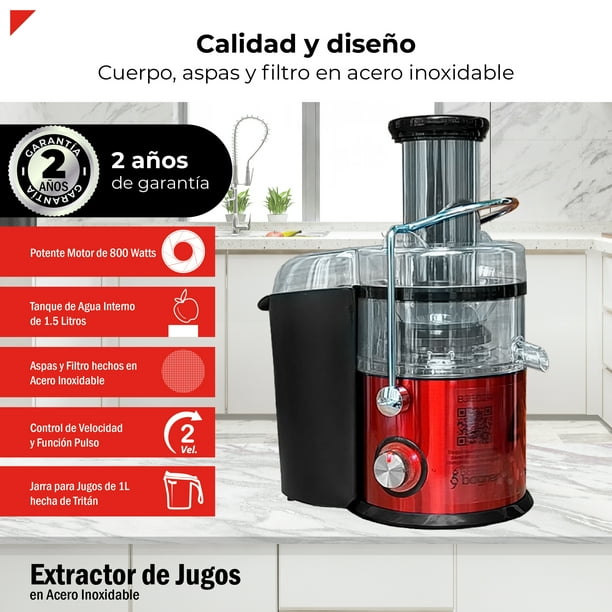Extractor De Jugos Centrífugo, Rojo, Acero Inoxidable 800w Bogner Bogner  BJE02R