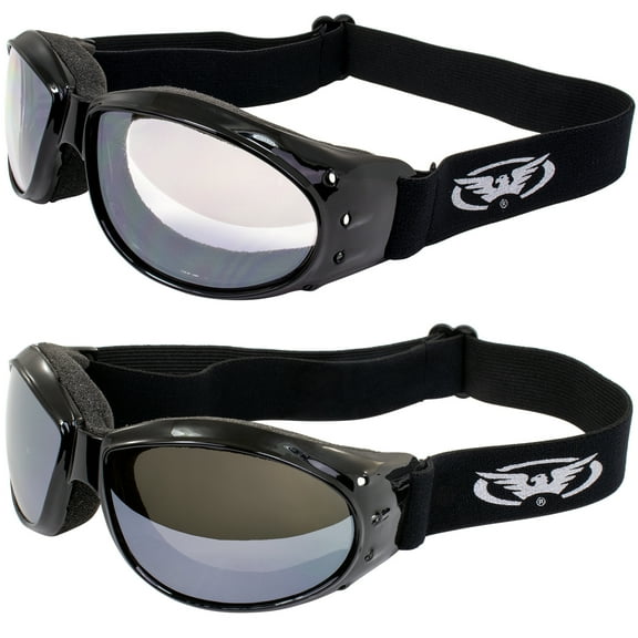 Global Vision Eliminator Padded Motorcycle Riding Goggles ANSI Z87.1 Anti-Fog 2 Pair Black Frames Clear & Flash Mirror Lenses