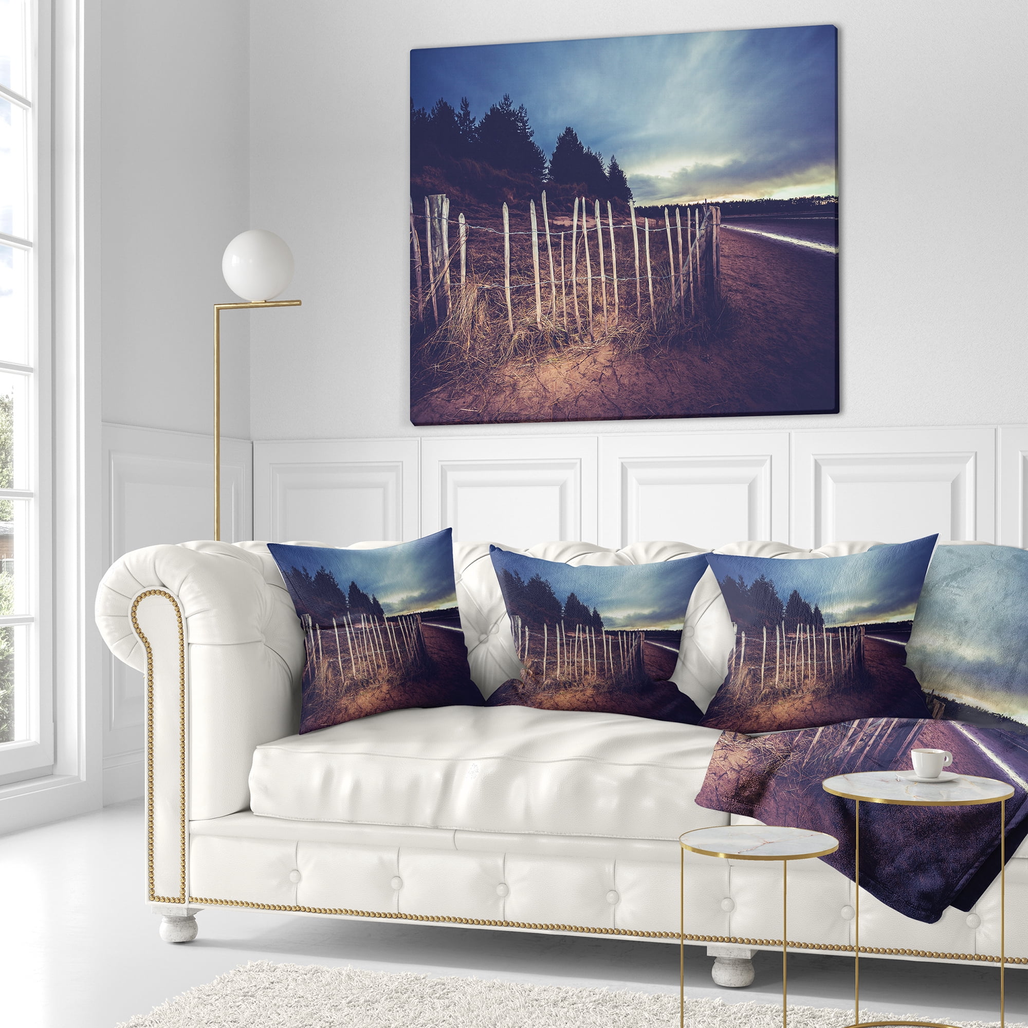 Designart Old Fence on Beach at Sunset - Landscape Printed Throw Pillow - 16x16