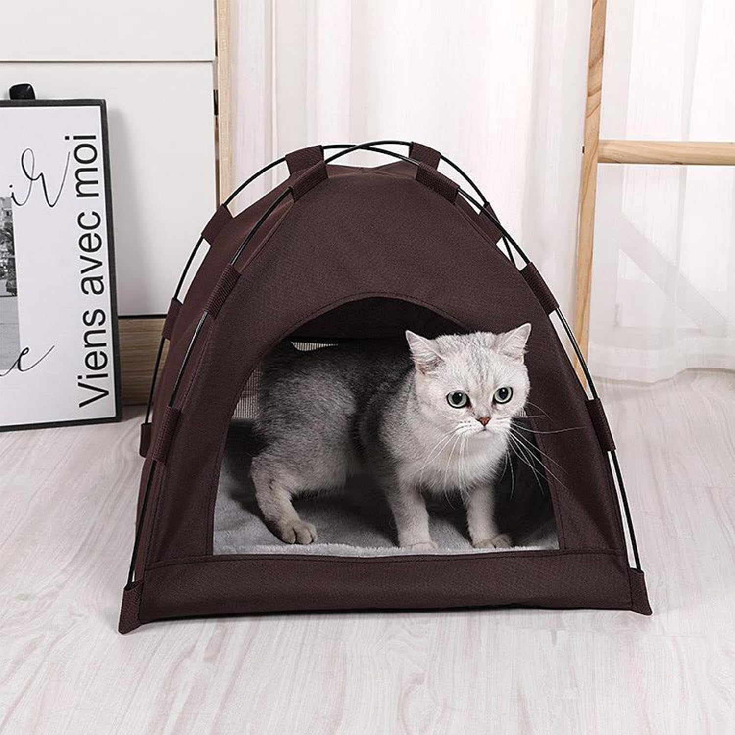 Cat Bed House with Soft Mat,Breathable Washable Pet Puppy Kennel Dog Cat Folding Indoor Outdoor House Bed Tent Brown
