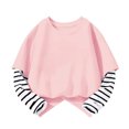 thumbnail image 4 of T Shirts for Girls Casual Solid Color Crewneck Faux Layered Long Sleeve Striped Tops 2 in 1 Loose Fit Fashion Wear, 4 of 5
