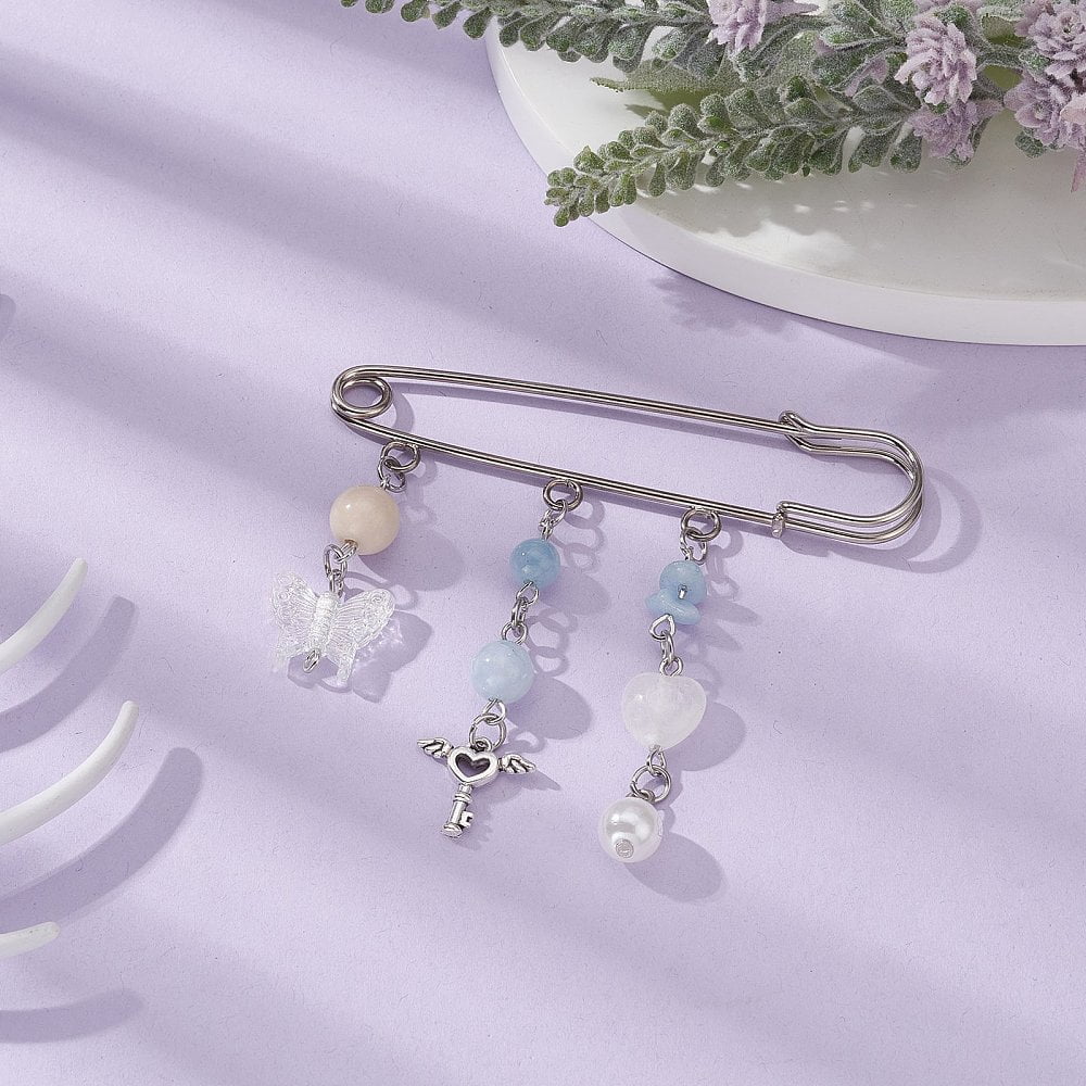 Natural Mixed Gemstone & Butterfly Charms Safety Pin Brooch Alloy Lapel Pin for Sweater Clasp Pants Waist Extender Platinum 67x76x5mm