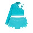 thumbnail image 4 of YiZYiF Kids Girls Sparkly 2 Piece Dancing Outfit Rhinestones Dance Crop Top and Feather Briefs Skirt Blue Green 14, 4 of 6