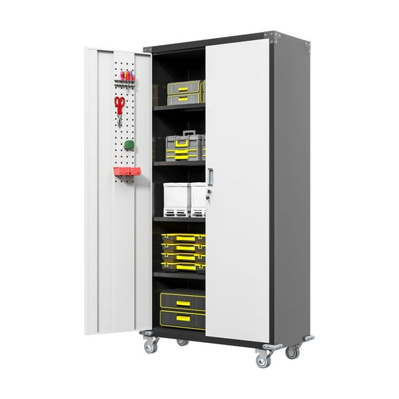 Metal Garage Storage Cabinet With Locking Hinged Doors And 4 Adjustable Shelves - Home Office & Space Efficient