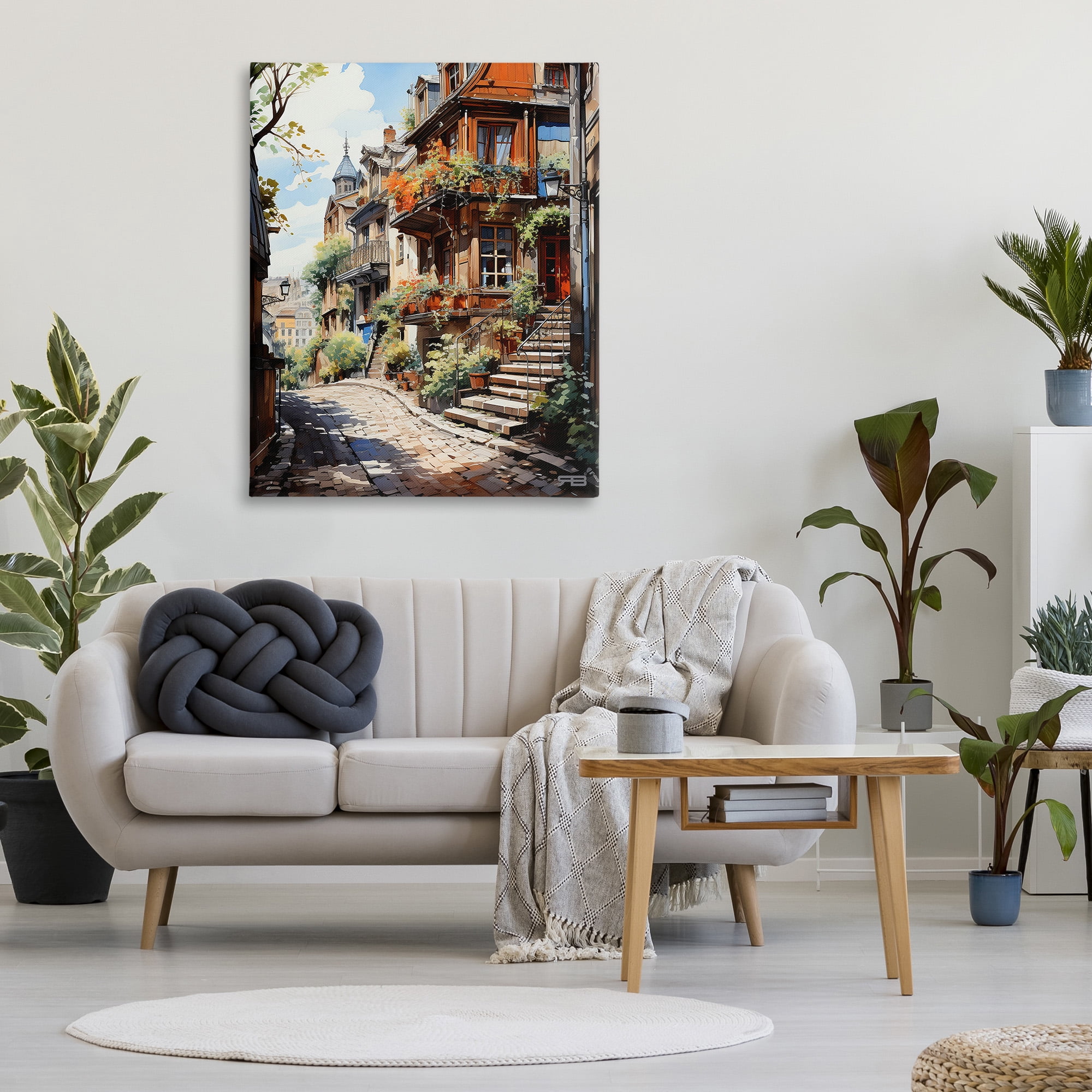 Stupell Industries Cobblestone Walkway in Town Travel & Places Painting Gallery Wrapped Canvas Art Print Wall Art, 36 x 48