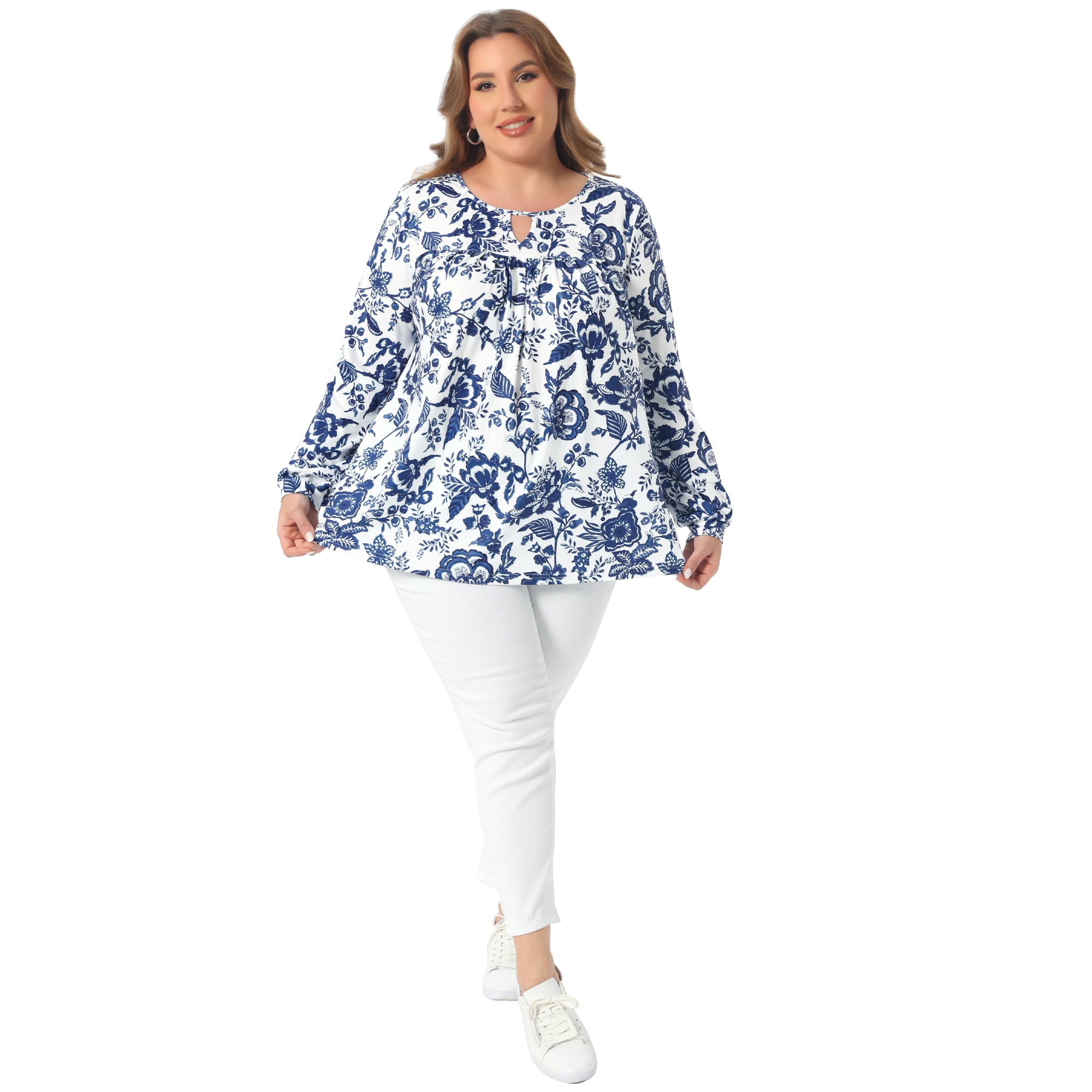 DARING DIVA Women's Plus V Neck Keyhole Pleated Floral Blouse 1X Blue