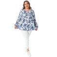 thumbnail image 3 of DARING DIVA Women's Plus V Neck Keyhole Pleated Floral Blouse 3X Blue, 3 of 6