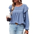 thumbnail image 4 of DYMADE Women's Fashion Long Sleeve Lace Ruffle Solid Color Round Neck Elegant Basic Blouse, 4 of 5