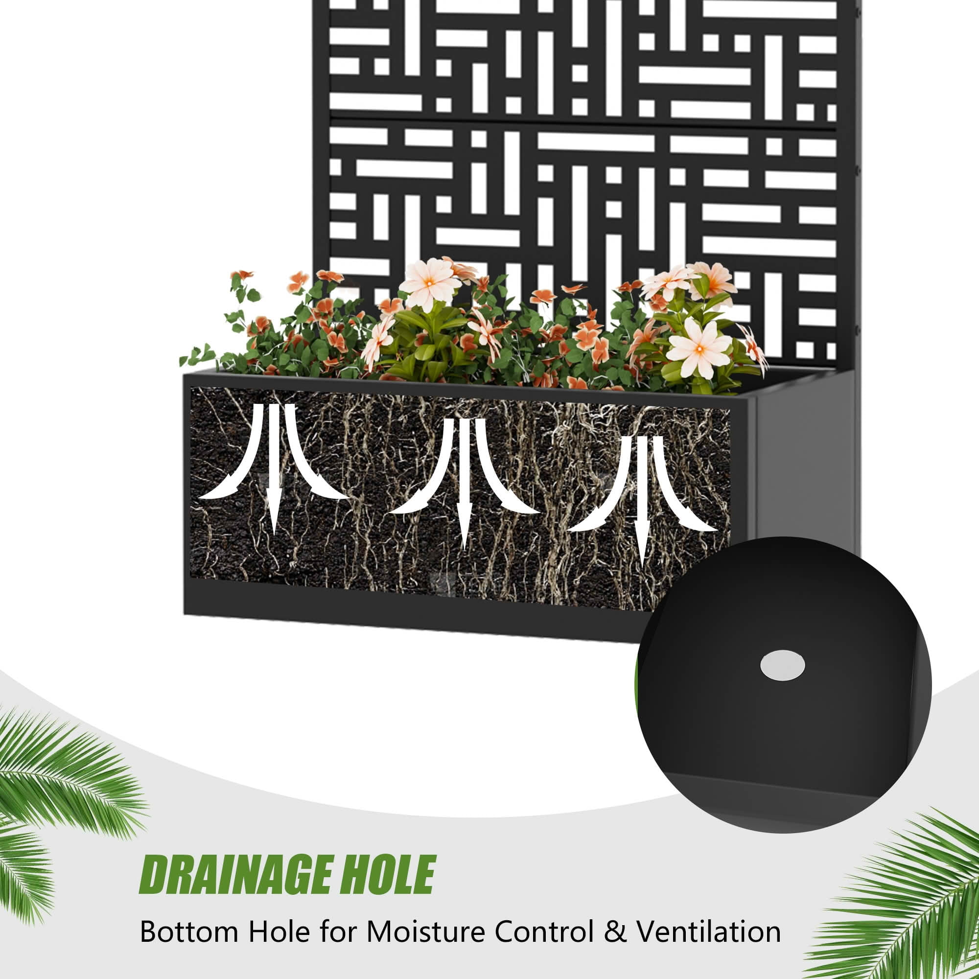 MAYEERTY 59X30" Metal Outdoor Black Privacy Screen with Planter Box for Backyard & Garden, 4 Piece Set, Double‑sided Installation