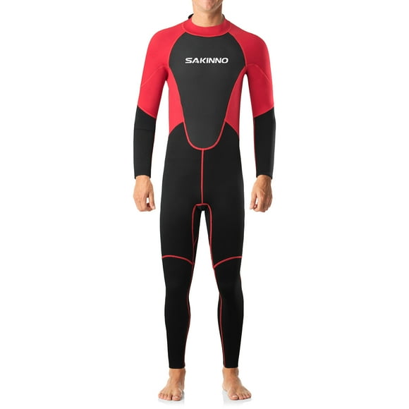SAKINNO Men's Full Body Neoprene Wetsuit with Long Sleeves for Diving, Surfing, and Snorkeling - UV Protection, 2mm Thickness, Red, Size L