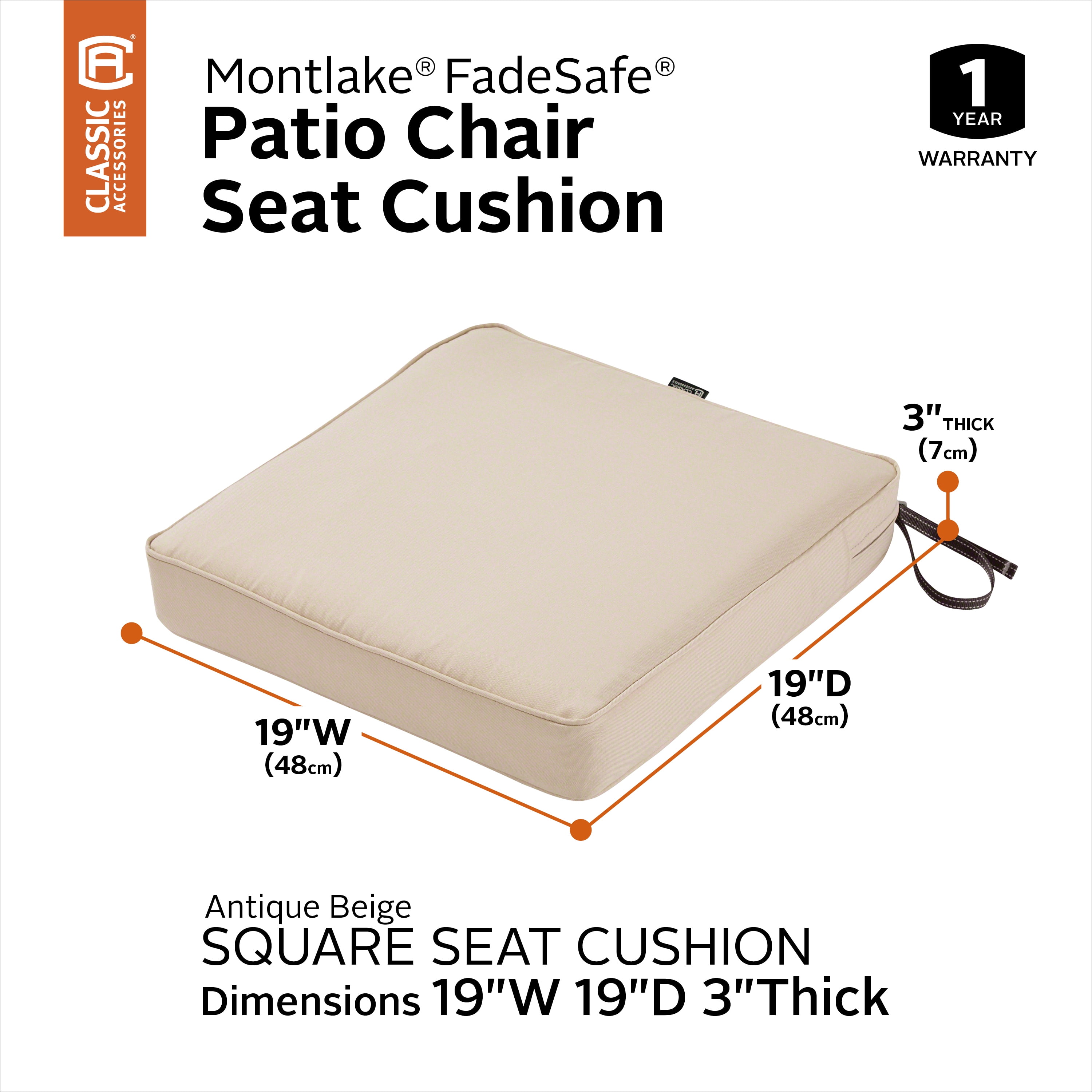Classic Accessories Montlake FadeSafe Water-Resistant Patio Dining Seat Cushion, 19 x 19 x 3 inch, Antique Beige