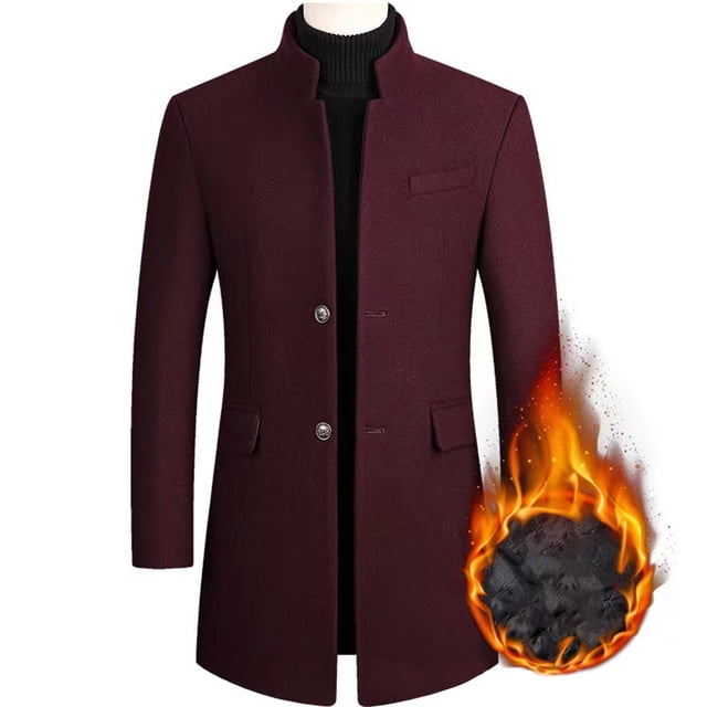 Mens Stand Collar Wool Overcoat, Medium-Length Casual Coat With Breast Pocket, Long Sleeve Asian Fit Jacket For Fall Spring Daily Wear