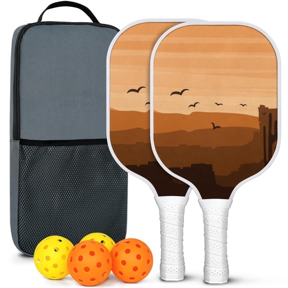 Pickleball Paddles Set Of 2, Fiberglass Surface, West & Cowboy Print, 4 Balls & Bag