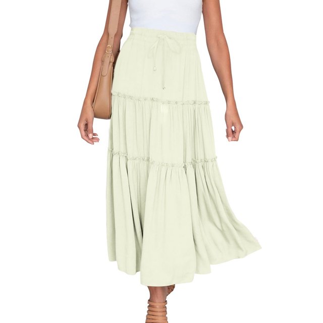 Fashion Women Solid Casual Ruched Ruffles Elastic Waist Skirt, Beach Style Solid Color Drawstring Waist Half Skirt, Comfortable and Stylish Ruffled Design, Lightweight Summer Wear