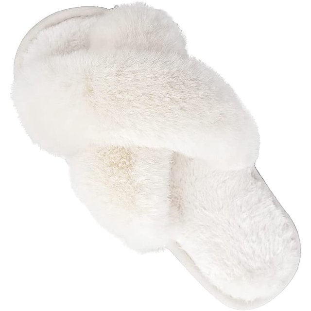 Hi Clasmix Fuzzy Slippers for Women-Cross Band Cozy House Home Bedroom Fluffy Slippers Plush Furry Open Toe Slide Slipper