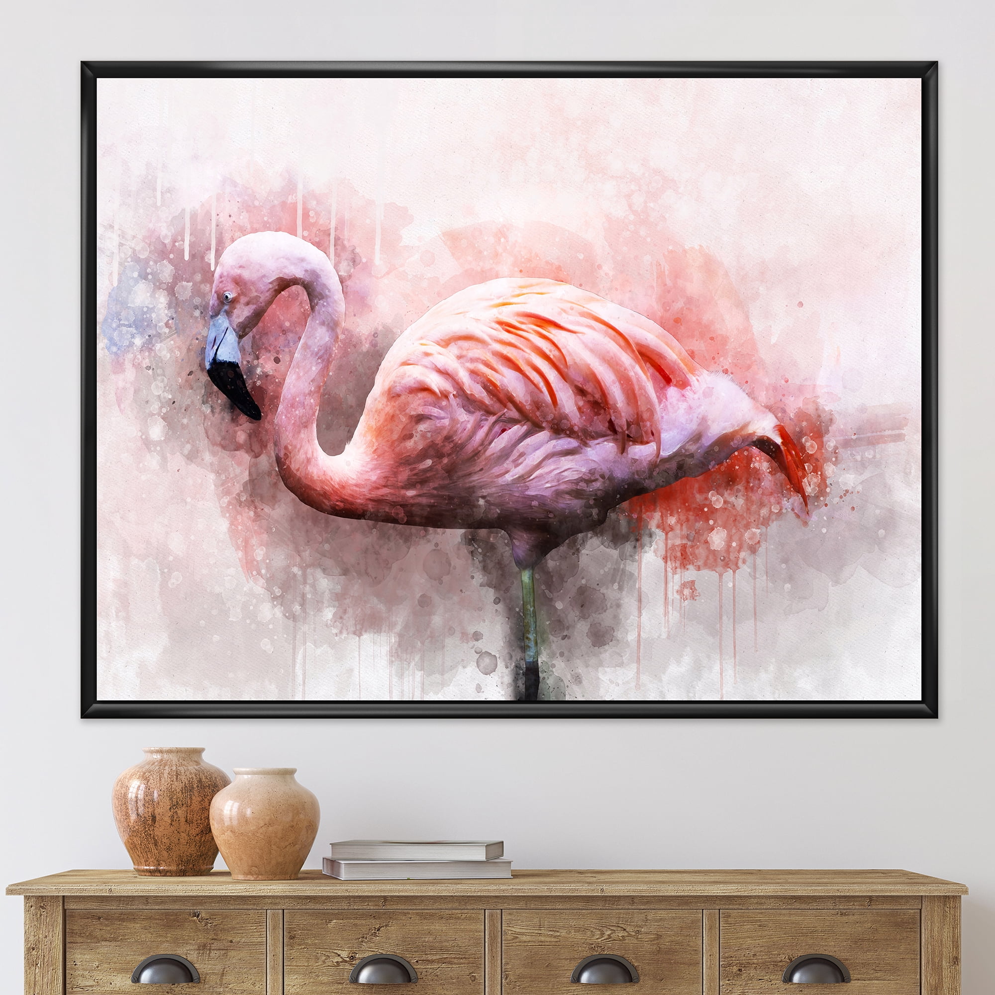 Designart 'Abstract Portrait of Pink Flamingo V' Farmhouse Framed Canvas Wall Art Print