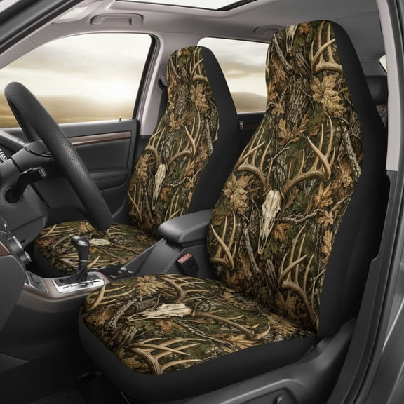 Emacom Ltd Deer Hunting Camo Car Seat Covers, Woodland Camouflage Auto Seat Protectors, Outdoor Hunting Theme Vehicle Interior Accessories for Truck SUV