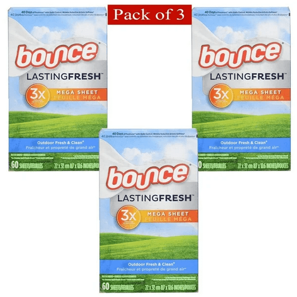 Bounce Mega Dryer Sheets Lasting Fresh Outdoor Fresh & Clean Scent 60 Sheets (Pack of 3)