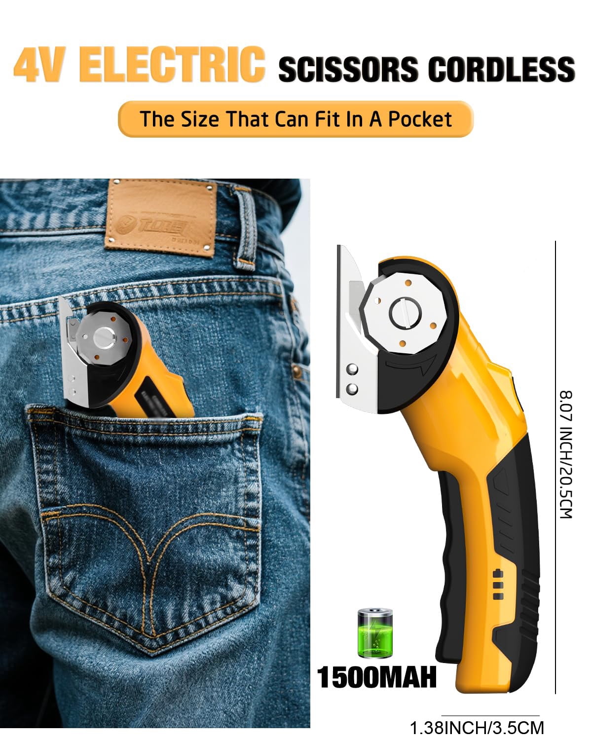 Cordless Electric Scissors, Lightweight, Rechargeable Rotary Cutter with Safety Lock, LED Light, Replacement Blade,Heavy Duty Scissor for Box Carpet Plastic Fabric(Yellow）