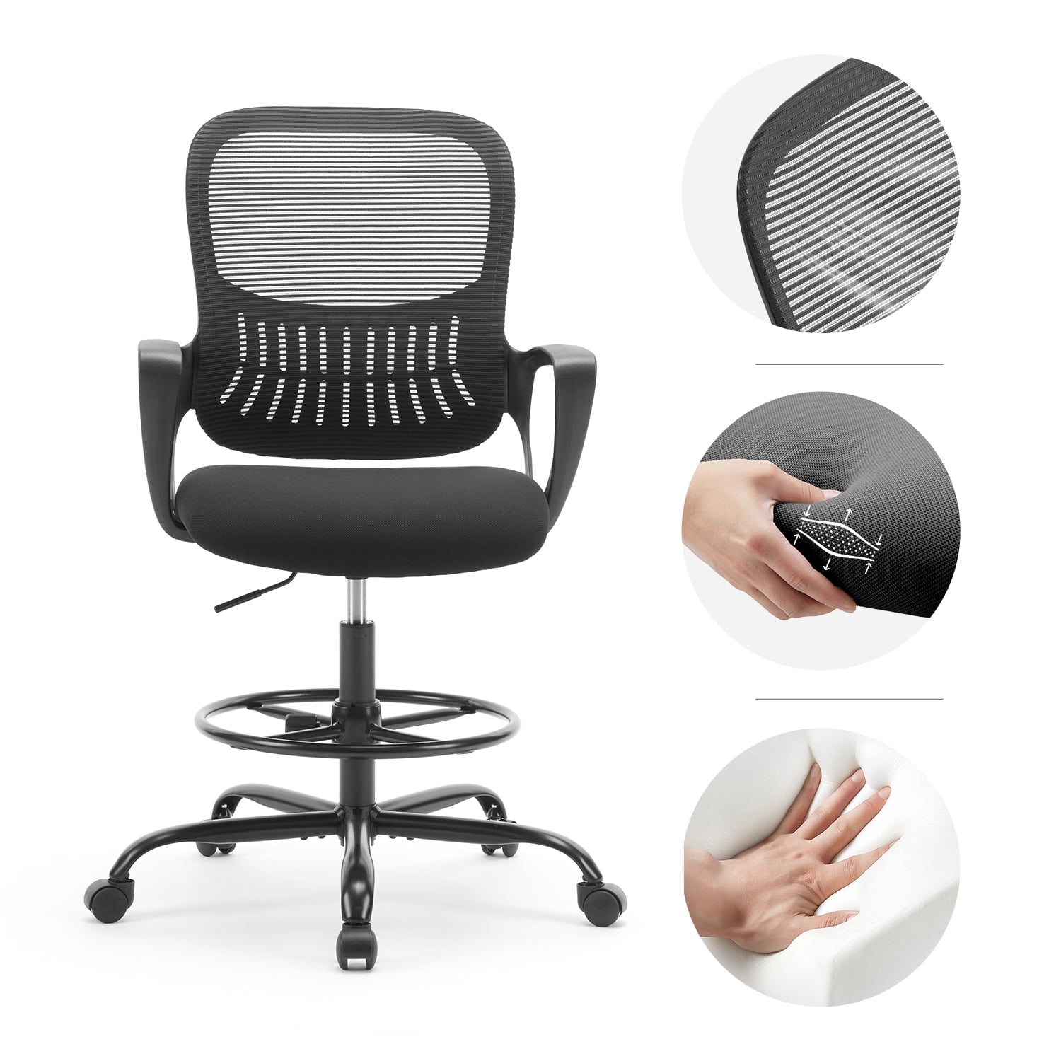 GIANNA Office Chair, Ergonomic Tall Mesh Office Chair with Storable Lumbar Support, Adjustable Foot Ring , Armrests and Mid Back High Task Chair with Wheels, Black