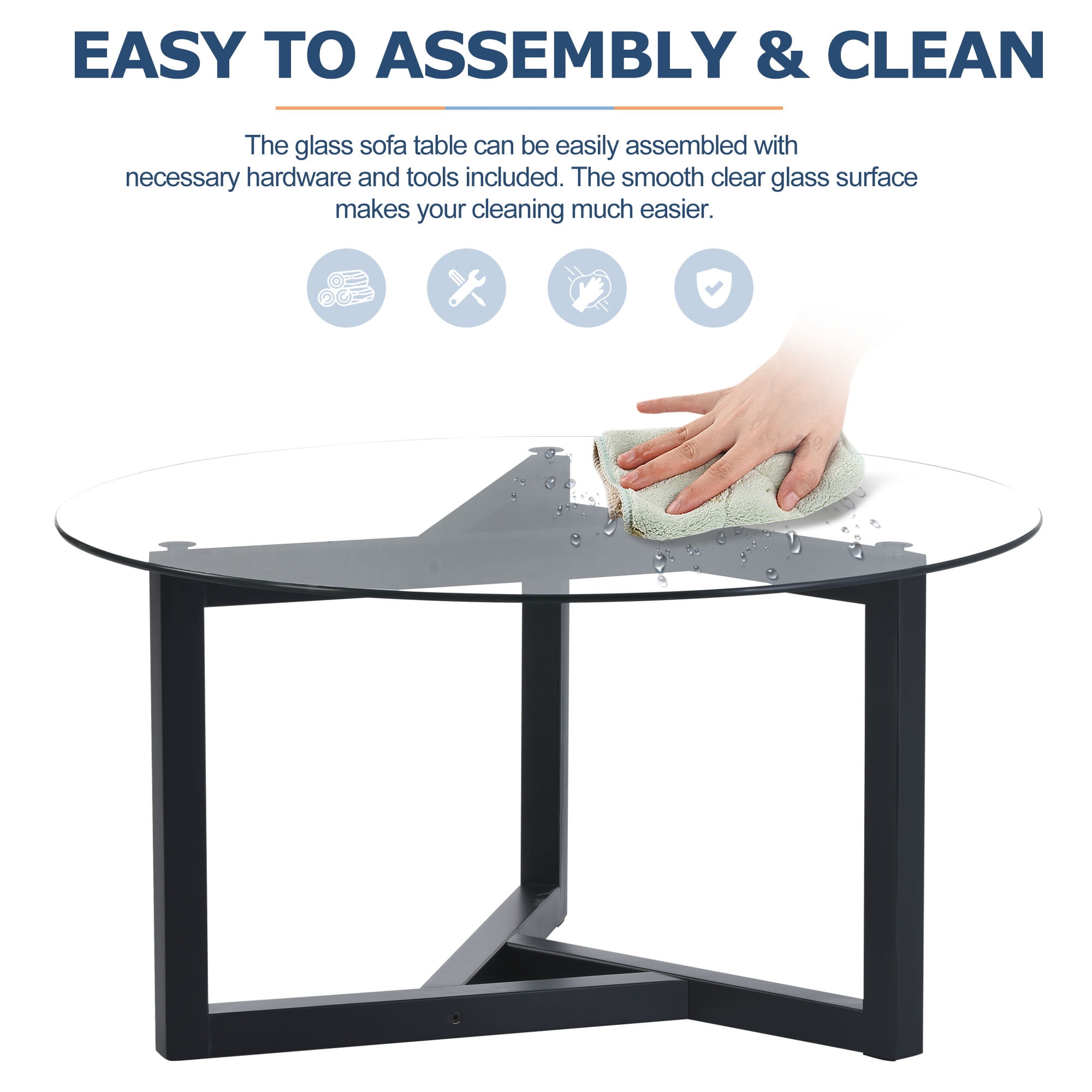 MAYEERTY Round Glass Coffee Table with Tempered Glass Top & Sturdy Wood Base, Easy Assembly Modern Cocktail Table, Black