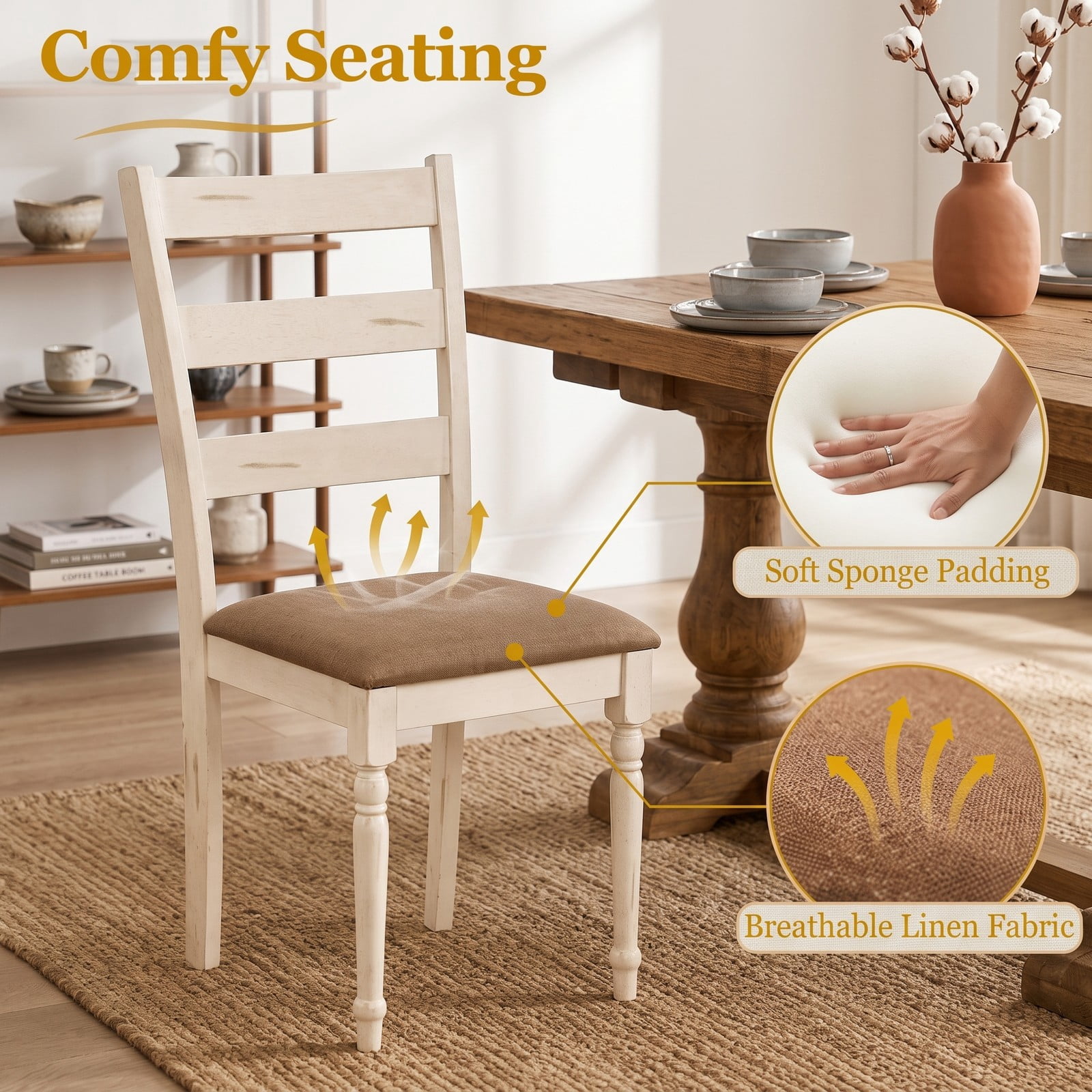 Furnibear Rubber Wood Dining Chairs Set of 2, Upholstered Kitchen Side Chairs with Padded Linen Seat, Slatted Curved Backrest and Carved Wood Legs for Dining, White