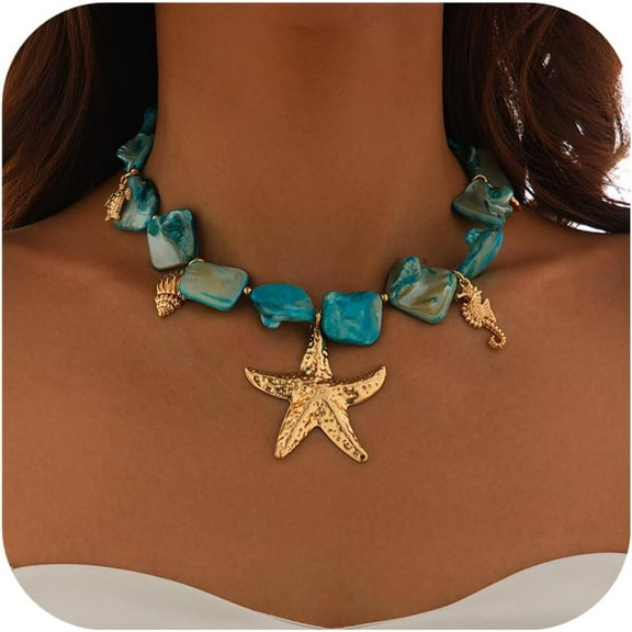 Starfish Shell Necklaces for Women Trendy Summer Boho Seashell Pendant Beach Necklace Gold Charm Choke Necklace Dainty Statement Necklace Fashion Surfer Jewelry Gift