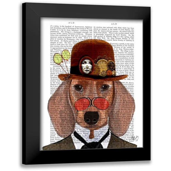 Fab Funky 12x14 Black Modern Framed Museum Art Print Titled - Dachshund with Steampunk Bowler Hat