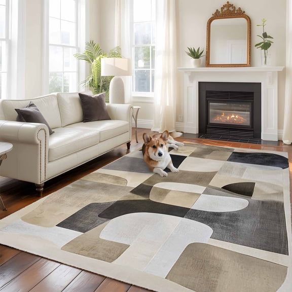 5'x8' Area Rugs, Black Brown Geometric Indoor Outdoor Area Rug for Living Room Bedroom, Modern Abstract Textured Washable Bathroom Rugs Kitchen Floor Carpet Mats Home Decor Aesthetic