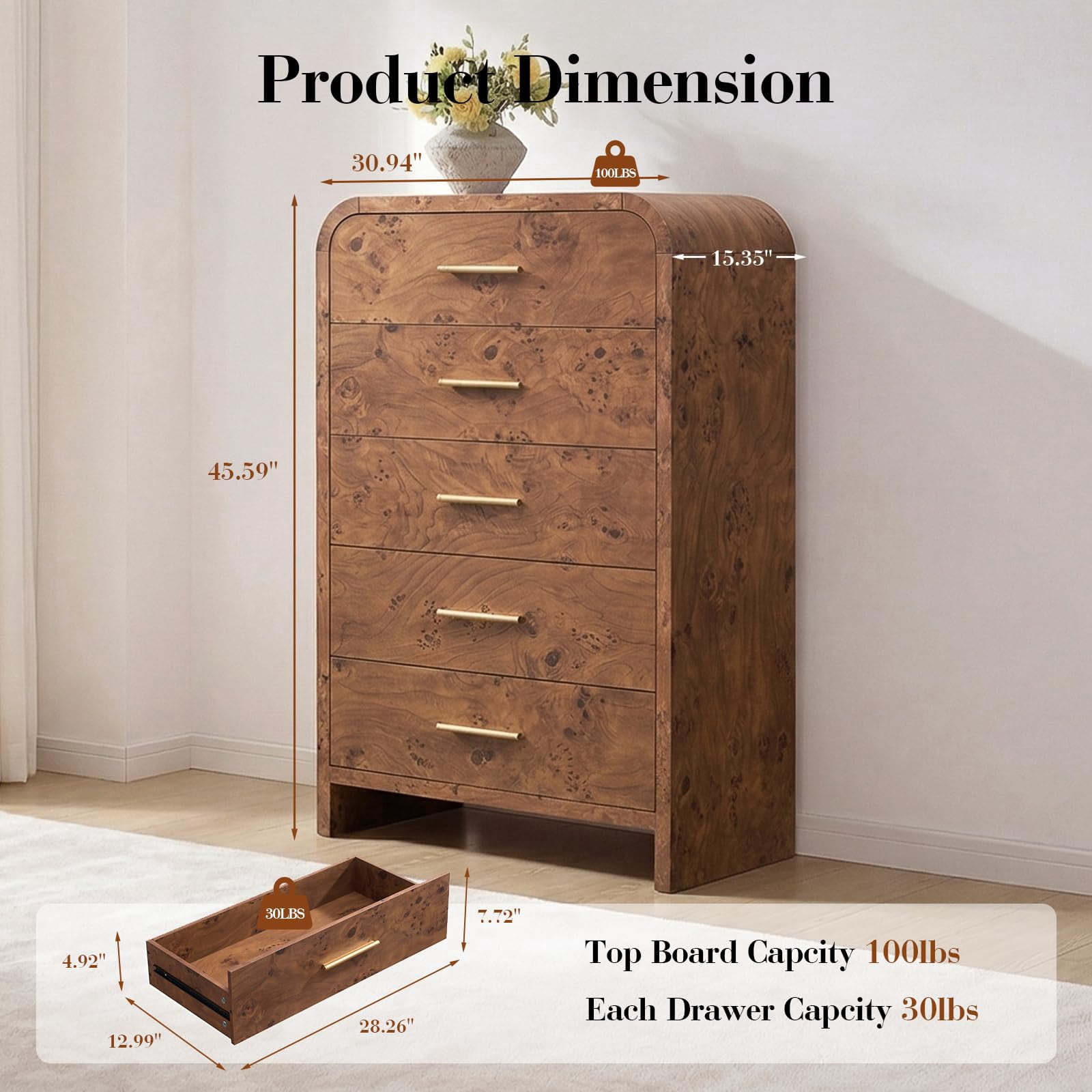 Vintagearth 5 Drawers Dresser for Bedroom, Curved 45.6" Tall FSC-certified Wood 1.18" Thick Board Dressers & Chests of Drawers for  Living Room, Hallway, Entryway, Dark Burl