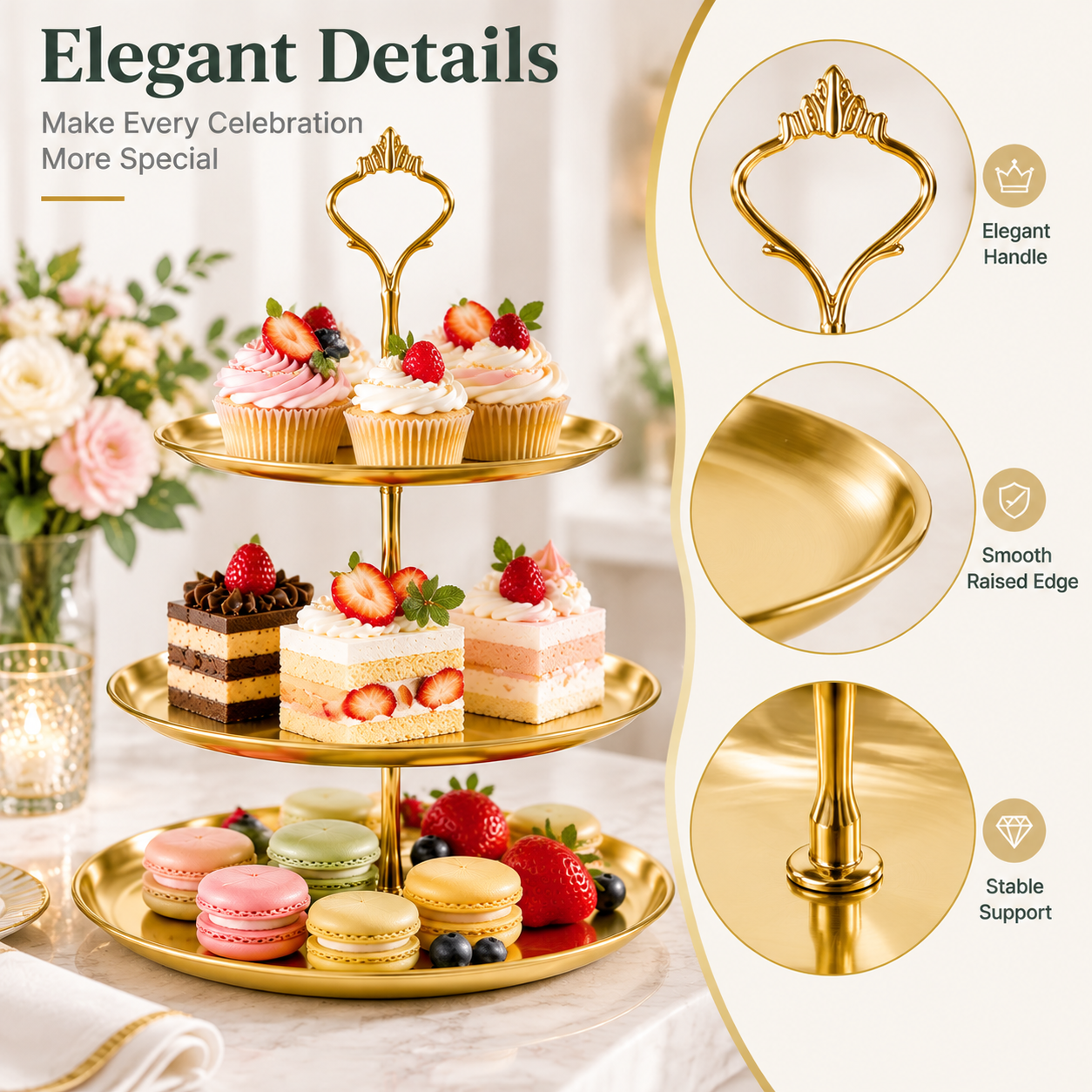 DAZUINIAO 3-Tier Gold Cupcake Stand photo 4