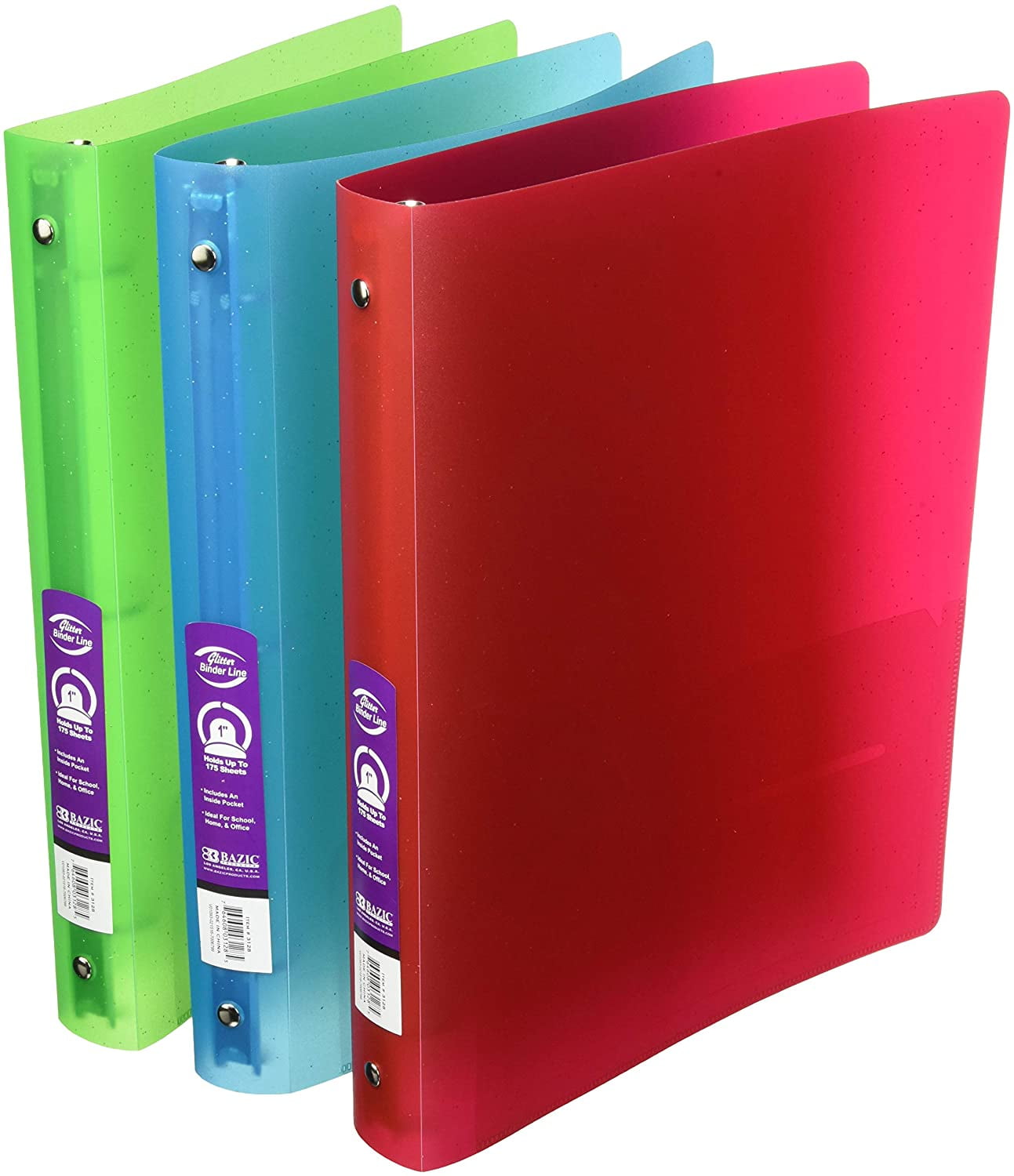 3 Pk, Bazic 1" Glitter Poly 3ring Binder with Pocket