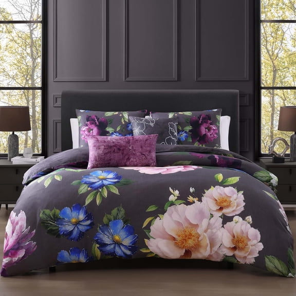 Elegant Blossom 5 Piece Comforter Set, 100% Cotton Sateen, 200 Thread Count, Grey Reversible Bedding Comforter Set, 1 Comforter, 2 Shams & 2 Pillows (Full/Queen)