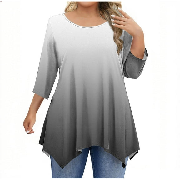 zbxnLI Plus Size Tops for Women 3/4 Sleeve Shirt Crew Neck Casual Loose Dressy Tunic Blouses for Ladies
