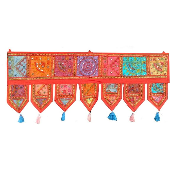 Rastogi Handicrafts Cotton Mirror Toran Home Decor Embroidered Patchwork Door Hanging (Orange)