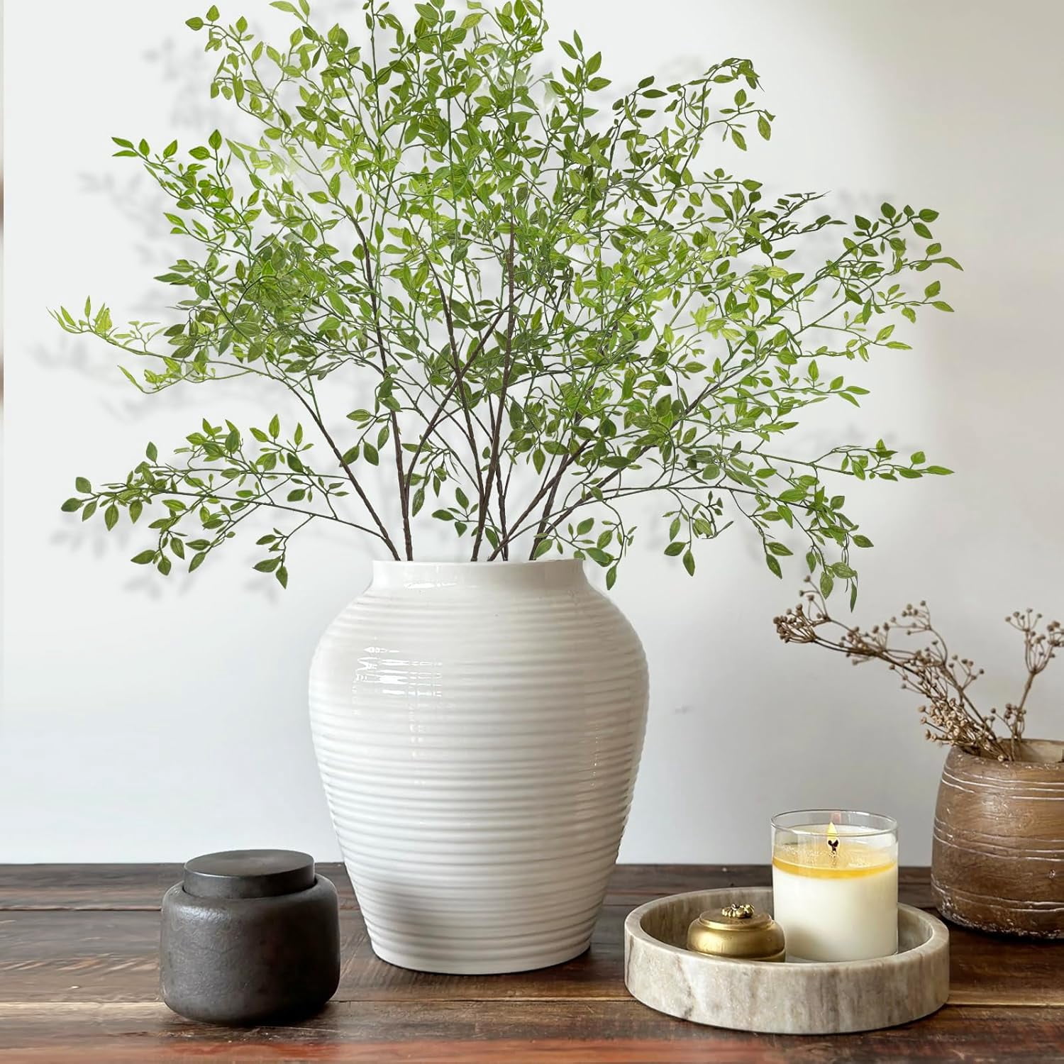 4pcs Artificial Plants Fake Greenery Branches for Vase, 43.3 Inch Green Nandina Long Steams for Tall Vase, Fake Plants Spring Stems for Wedding Garden Office Home Décor