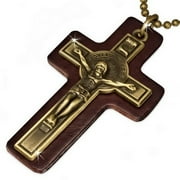 Extra Large Fashion Alloy Brown Leather Yellow Gold-Tone Religious Cross Mens Pendant Necklace