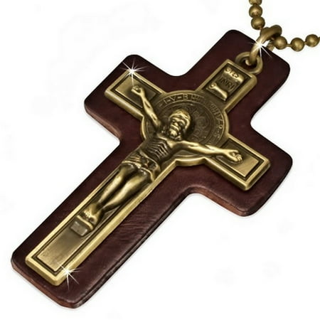 Extra Large Fashion Alloy Brown Leather Yellow Gold-Tone Religious Cross Mens Pendant Necklace