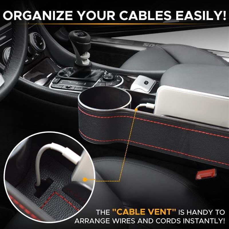 EcoNour Car Seat Gap Filler with Cup Holder & Headrest Hooks - 2 Pack Car Organizer