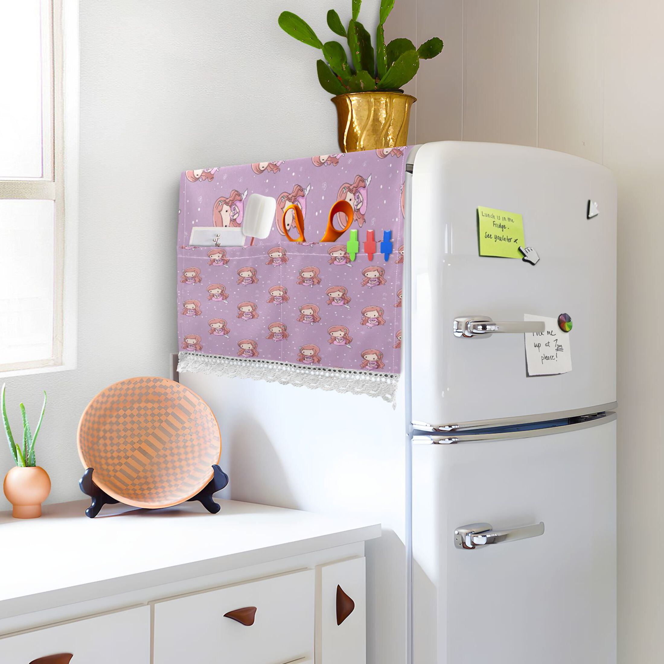 Dustproof Washing Machine Cloth Washer and Dryer Top Covers, Fridge Dust Cover, With Storage Bags Cartoon Mermaid Pattern