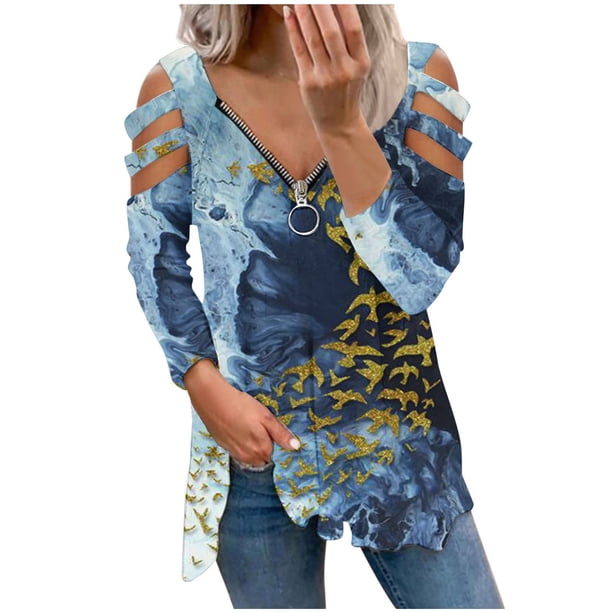 Camiseta suelta estampada a la moda para mujer Blusa de manga larga con cuello en V Tops casuales Pompotops FGAJ14779