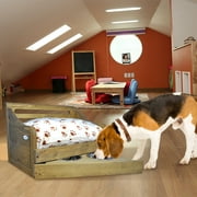 Angle View: Wooden Pet Bed with Feeder - Rustic Brown - Small