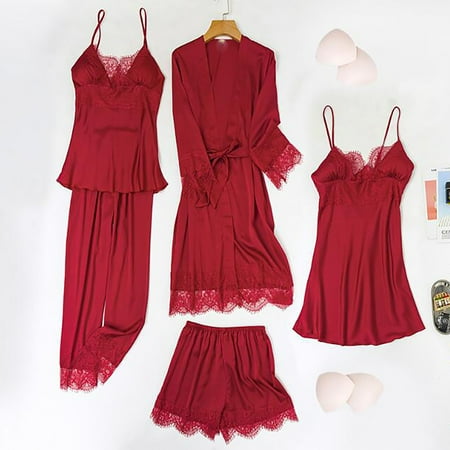 

Voncos Nightdress for Women Pajama Set- Women s Sleepwear Long Pants+Tops Pajamas Five Piece Set Home Wine S
