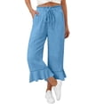 thumbnail image 6 of KLHDSF Pants For Women Drawstring Elastic Waist Cropped Pants with Pockets And Ruffle Hem Cotton Linen Solid Summer Trousers Sky BlueL, 6 of 7
