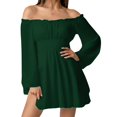 thumbnail image 2 of Laqbezok Women's Off Shoulder Ruffle Mini Dress, Long Lantern Sleeve Smocked Waist Sundress, Solid Color Casual A-Line Dress for Party Club, 2 of 8