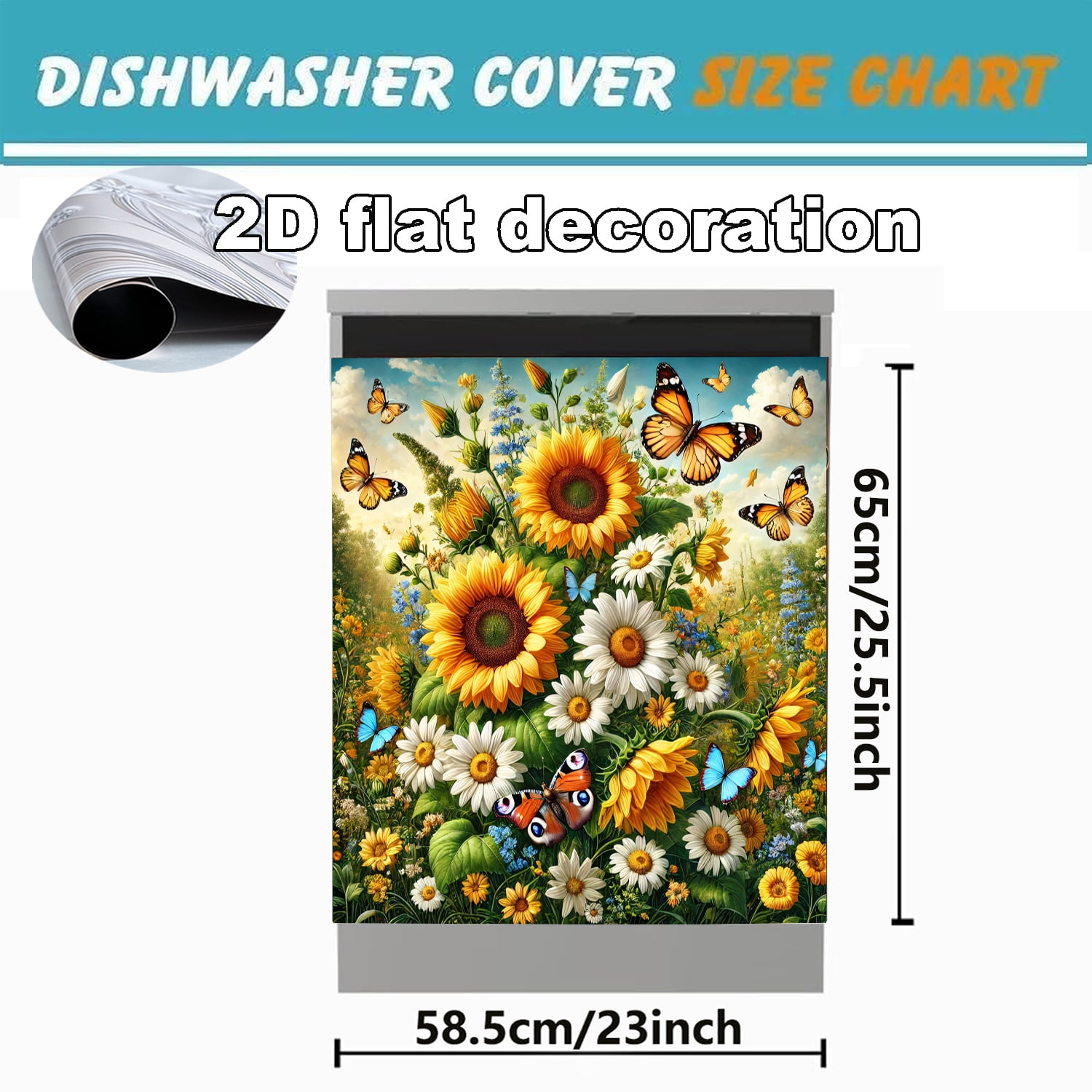 1Pc Dishwasher Magnet Cover, Sunflowers and Butterflies Magnet Sticker Fridge Panel Decal for Home Kitchen Decor, 23x26 in