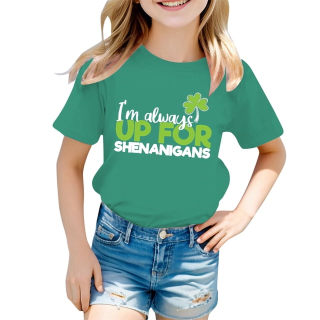 PMVFHDE T-Shirts Graphiques pour Filles Hauts Mignons pour Filles Tee-Shirts Fille Manches Courtes Hauts Maillot de Bain Filles Imprimé St. Pat Col Rond Manches Courtes pour Filles Vert Foncé, 3-4 Ans